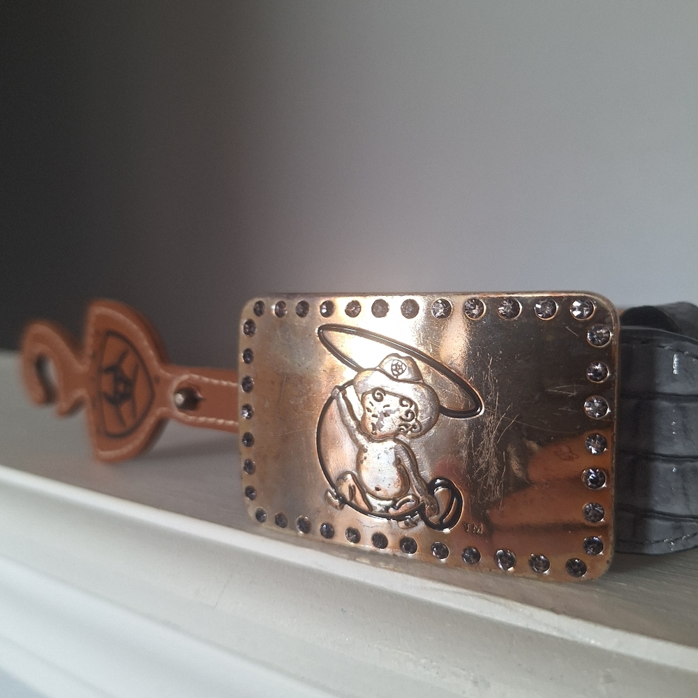 RARE - ARIAT Gray Leather Belt with  Rhinestone Baby Lasso Buckle - NWOT